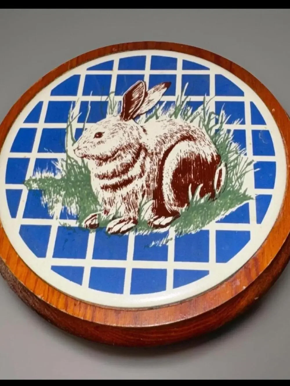 Farmhouse Trivet Bunny Artwork, Ceramic Tile, Round Vintage Rabbit Art